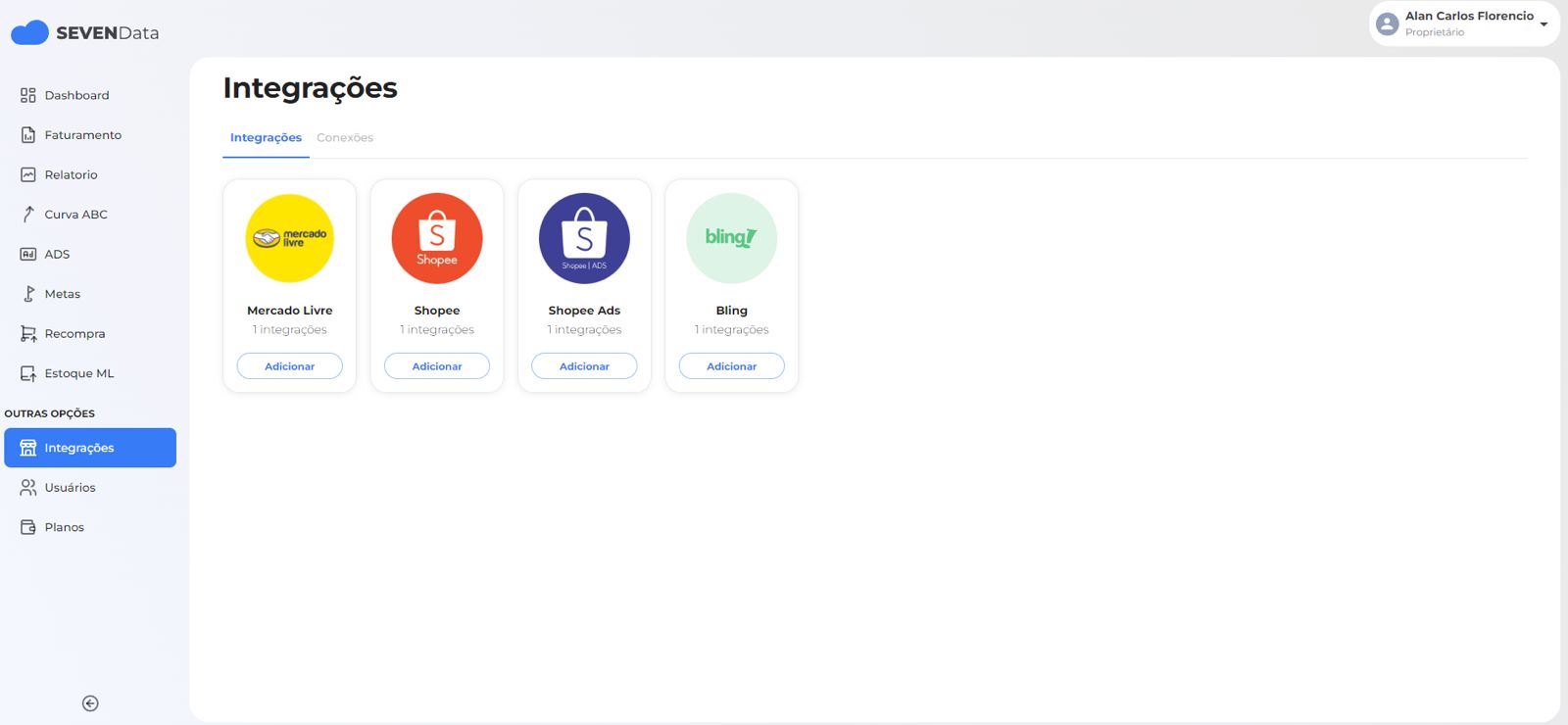 Tela da Seven Data com acesso ao menu Integrações